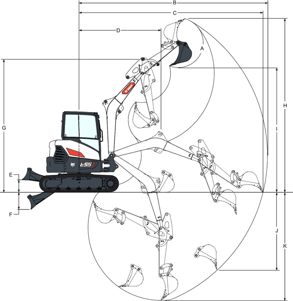 Delovno območje mini bagra e55z